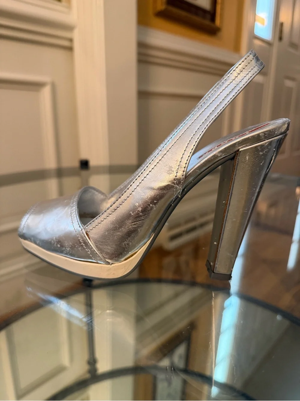 Prada Metallic Silver Slingback Platform High Heels RESTORATION PROJECT